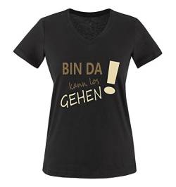 Comedy Shirts - Bin da kann los gehen! - Damen V-Neck T-Shirt - Schwarz/Hellbraun-Beige Gr. S von Comedy Shirts