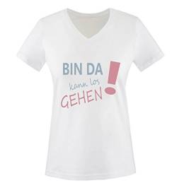 Comedy Shirts - Bin da kann los gehen! - Damen V-Neck T-Shirt - Weiss/Eisblau-Rosa Gr. L von Comedy Shirts