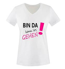 Comedy Shirts - Bin da kann los gehen! - Damen V-Neck T-Shirt - Weiss/Schwarz-Pink Gr. XXL von Comedy Shirts