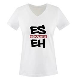 Comedy Shirts - Es eskaliert eh - Graffiti - Damen V-Neck T-Shirt - Weiss/Schwarz-Rot Gr. XL von Comedy Shirts