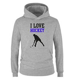 Comedy Shirts I Love Hockey - Kinder Hoodie - Grau/Schwarz-Royalblau Gr. 140 von Comedy Shirts