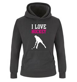 Comedy Shirts I Love Hockey - Kinder Hoodie - Schwarz/Weiss-Pink Gr. 128 von Comedy Shirts