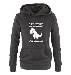 Comedy Shirts If You're Happy and You Know it clap Your... oh. - Dino - Damen Hoodie - Schwarz/Weiss Gr. XL von Comedy Shirts