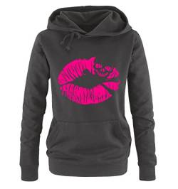 Comedy Shirts Kussmund - Totenkopf - Einfarbig - Damen Hoodie Schwarz/Pink Gr. L von Comedy Shirts