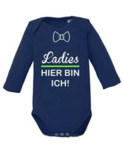 Comedy Shirts - Ladies - Hier Bin ICH! - Baby Langarm Body - Navy/Weiss-Neongrün Gr. 68 von Comedy Shirts