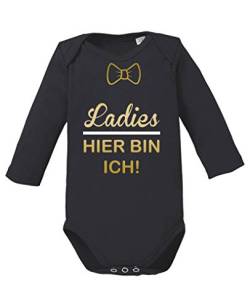 Comedy Shirts - Ladies - Hier Bin ICH! - Baby Langarm Body - Schwarz/Gold-Weiss Gr. 86/92 von Comedy Shirts