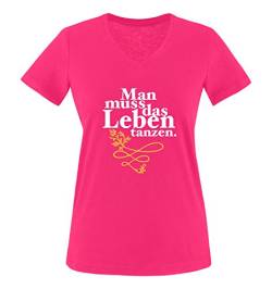 Comedy Shirts - Man muss das Leben tanzen. - Damen V-Neck T-Shirt - Pink/Weiss-Gelb Gr. XL von Comedy Shirts