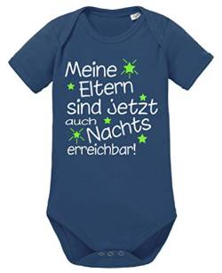 Comedy Shirts - Meine Eltern sind jetzt auch Nachts erreichbar! - Baby Body - Navy/Weiss-Neongrün Gr. 68 von Comedy Shirts
