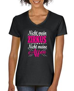Comedy Shirts - Nicht mein Zirkus, Nicht Meine Affen - Damen V-Neck T-Shirt - Schwarz/Weiss-Pink Gr. XXL von Comedy Shirts