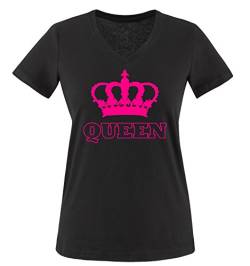 Comedy Shirts - Queen - Krone II - Damen V-Neck T-Shirt - Schwarz/Pink Gr. L von Comedy Shirts