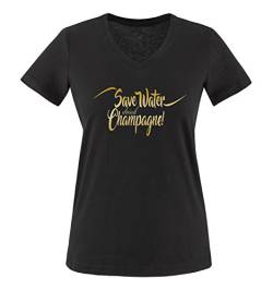 Comedy Shirts - Save Water Drink Champagne! - Damen V-Neck T-Shirt - Schwarz/Gold Gr. S von Comedy Shirts