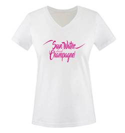 Comedy Shirts - Save Water Drink Champagne! - Damen V-Neck T-Shirt - Weiss/Pink Gr. XL von Comedy Shirts