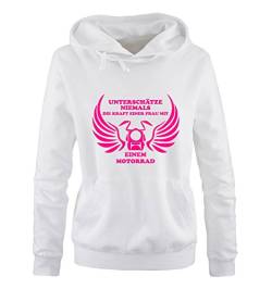 Comedy Shirts UNTERSCHÄTZE Niemals Frau MIT Motorrad - Damen Hoodie - Weiss/Pink Gr. S von Comedy Shirts