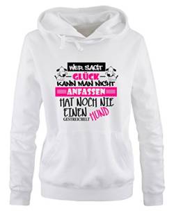 Comedy Shirts Wer SAGT Glück kann Man Nicht anfassen, hat noch nie einen Hund gestreichelt - Damen Hoodie - Weiss/Schwarz-Pink Gr. M von Comedy Shirts