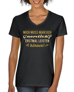 Comedy Shirts - mich muss man sich nervlich erstmal leisten können! - Damen V-Neck T-Shirt - Schwarz/Gold Gr. M von Comedy Shirts