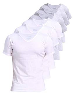 Comfneat Herren 6-Pack Unterhemd 100% Baumwolle Kurzarm T-Shirt mit V-Ausschnitt (White+Light Grey Melange 6-Pack, S) von Comfneat