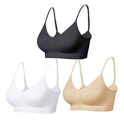 Comfyin Bustier Damen Gepolstert Sport BH Set ohne Bügel Yoga BH Top 3er Pack,Schwarz+weiß+beige,L von Comfyin