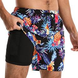 Comilaka Badehose Herren mit Kompression Liner 2 in 1 Männer Sommer Badeshorts Schnelltrocknend Schwimmhose Druck Strandshorts mit Tunnelzug Tasche von Comilaka