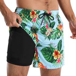 Comilaka Badehose Herren mit Kompression Liner 2 in 1 Männer Sommer Badeshorts Schnelltrocknend Schwimmhose Druck Strandshorts mit Tunnelzug Tasche von Comilaka