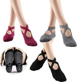 Comius Sharp Yoga Socken, 3 Stück Pilatus-Söckchen, Rutschfeste Socken für Barre-Ballett-Tanz-Barfuß-Training, Schwarz, Grau, Rot von Comius Sharp