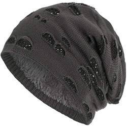 Compagno Mütze Damen Wintermütze mit Pailletten warm gefütterte Beanie Strickmütze Hat Haube Einheitsgröße, Farbe:Grau von Compagno