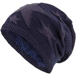 Compagno Sternen Wintermütze warm gefütterte Beanie Flechtmuster Einheitsgröße Mütze, Farbe:Marineblau von Compagno