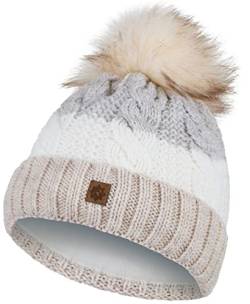 Compagno Wintermütze Mütze Damen Bommelmütze gestreift Strickmütze Winter gefüttert Mädchen Fleece Futter Beanie 102, Farbe:Beige von Compagno