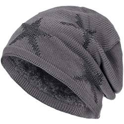 Compagno warm gefütterte Beanie Wintermütze Sternen Strickmuster mit weichem Fleece-Futter Mütze, Farbe:Grau Schwarz von Compagno