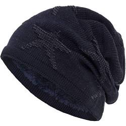 Compagno warm gefütterte Beanie Wintermütze Sternen Strickmuster mit weichem Fleece-Futter Mütze, Farbe:Marineblau Grau von Compagno