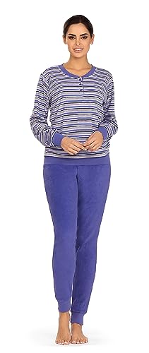 Comtessa Damen Schlafanzug Frottee 232327 Langarm Knopfleiste Bündchen Farbe: Blaubeere Baumwolle Gr. 52 XXL von Comtessa