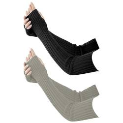 Connextion 2 Paar Lange Fingerlose Handschuhe Winter Stricken Halbfingerhandschuhe Armstulpen mit Daumenloch für Damen Herren Winter Warmer Strick Lange Handschuhe Fashion Armlinge von Connextion