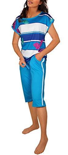 Damen Kurzarm Bermuda Pyjama Schlafanzug Baumwolle Knopfleiste DF801 (40/42, Aqua) von Consult-Tex