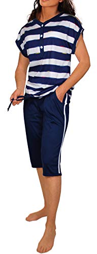 Damen Kurzarm Bermuda Pyjama Schlafanzug Baumwolle Knopfleiste DF805 (38/40, Navy) von Consult-Tex