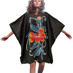 Cool Kaftans Poncho Orchidee Blumen T-Shirt Bluse fließendes Top kurze Blume Damen Handarbeit Luxus Plus Size, Schwarz , XXL von Cool Kaftans