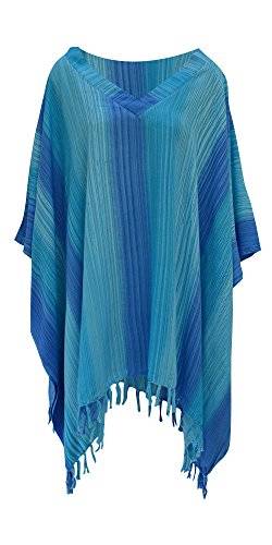 Gestreiftes Damen-Kaftan-Top, T-Shirt, Poncho, handgefertigt, lebendig, groß Gr. Einheitsgröße, blau von Cool Kaftans