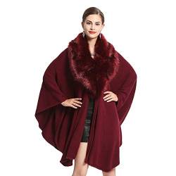 Cool&D Damen Poncho Cape Strickjacken Winter Umhang Kunstpelz Stolen mit Kunstfell Kragen(Rot) von Cool&D