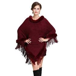 Cool&D Damen Poncho Cape Winter Umhang Strickjacken mit Kunstfell Kragen Kunstpelz Stolen (Wein mit Diamantmuster) von Cool&D