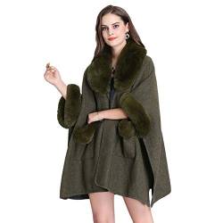 Cool&D Damen Poncho Cape Winter Umhang Tweed Jacken mit Groß Kunstfell Kragen(Grün) von Cool&D