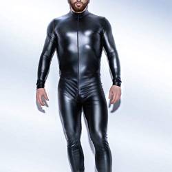 CoolTing S-5XLPatent Leder Reißverschluss Open Crotch Latex Catsuit Jumpsuit Sexy Dessous für Männer Erotische Kostüme Spandex Catsuit Bodysuit Clubwear,Black,5XL von CoolTing