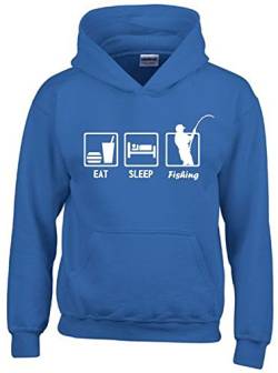 Coole-Fun-T-Shirts EAT Sleep Fishing Kinder Sweatshirt mit Kapuze Hoodie blau-Weiss, Gr.164cm von Coole-Fun-T-Shirts