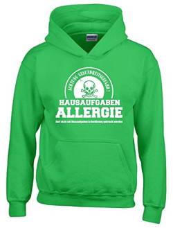 Coole-Fun-T-Shirts Hausaufgaben ALLERGIE - Vorsicht Gesundheitsgefahr ! Nicht mit Hausaufgaben in Verbindung bringen ! Kinder Sweatshirt mit Kapuze Hoodie Green-Weiss, Gr.140cm von Coole-Fun-T-Shirts