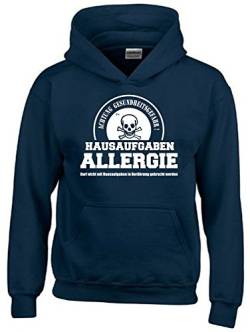 Coole-Fun-T-Shirts Hausaufgaben ALLERGIE - Vorsicht Gesundheitsgefahr ! Nicht mit Hausaufgaben in Verbindung bringen ! Kinder Sweatshirt mit Kapuze Hoodie Navy-Weiss, Gr.164cm von Coole-Fun-T-Shirts