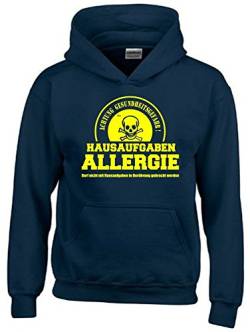 Coole-Fun-T-Shirts Hausaufgaben ALLERGIE - Vorsicht Gesundheitsgefahr ! Nicht mit Hausaufgaben in Verbindung bringen ! Kinder Sweatshirt mit Kapuze Hoodie Navy-gelb, Gr.152cm von Coole-Fun-T-Shirts