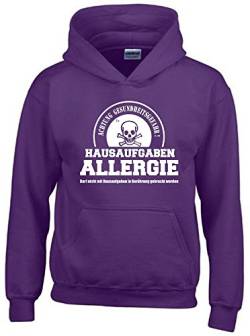 Coole-Fun-T-Shirts Hausaufgaben ALLERGIE - Vorsicht Gesundheitsgefahr ! Nicht mit Hausaufgaben in Verbindung bringen ! Kinder Sweatshirt mit Kapuze Hoodie lila-Weiss, Gr.164cm von Coole-Fun-T-Shirts