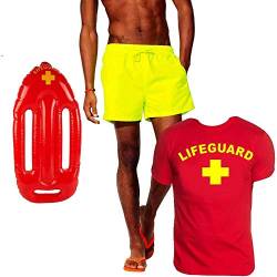 Coole-Fun-T-Shirts Lifeguard Schwimmboje Kostüm Rettungsschwimmer 3 teilig Set t-Shirt Rot Badehose Neongelb Gr.XS von Coole-Fun-T-Shirts