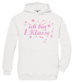 Ich Bin 1. Klasse Mädchen Einschulung Schulanfang Hoodie Sweatshirt mit Kapuze Weiss-pink, Gr.128cm von Coole-Fun-T-Shirts