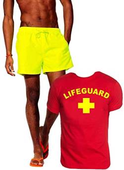 Lifeguard Schwimmboje Kostüm Rettungsschwimmer 2 teilig Set T-Shirt Rot + Badehose Neongelb Gr.L von Coole-Fun-T-Shirts