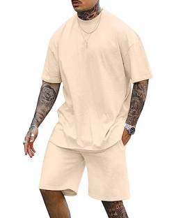 Cooleep Herren T-Shirt und Shorts Set 2 Teiliges Sommer Trainingsanzug Jogginganzug Kurzarm Casual Freizeitanzug Tracksuit für Männer Beige 3XL von Cooleep