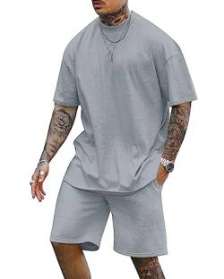 Cooleep Herren T-Shirt und Shorts Set 2 Teiliges Sommer Trainingsanzug Jogginganzug Kurzarm Casual Freizeitanzug Tracksuit für Männer Grau L von Cooleep