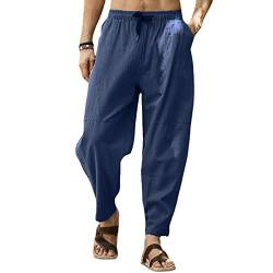 Cooleep Leinenhose Herren Sommerhose Herren Leicht Yogahose Freizeithose mit Elastische Gürtel Tiefblau 4XL von Cooleep